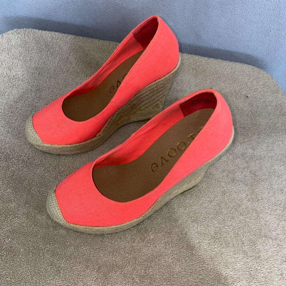 Groove Neon Coral Espadrille Wedge Heels Size 8 | Canvas Summer Shoes - Picture 3 of 7